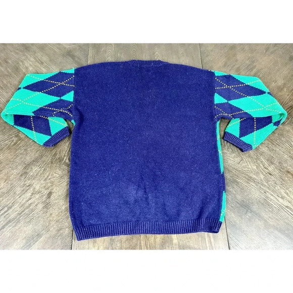 Vtg Izod Argyle Cardigan Sweater Green And Blue Size Medium M Secretary Unisex - Picture 10 of 11